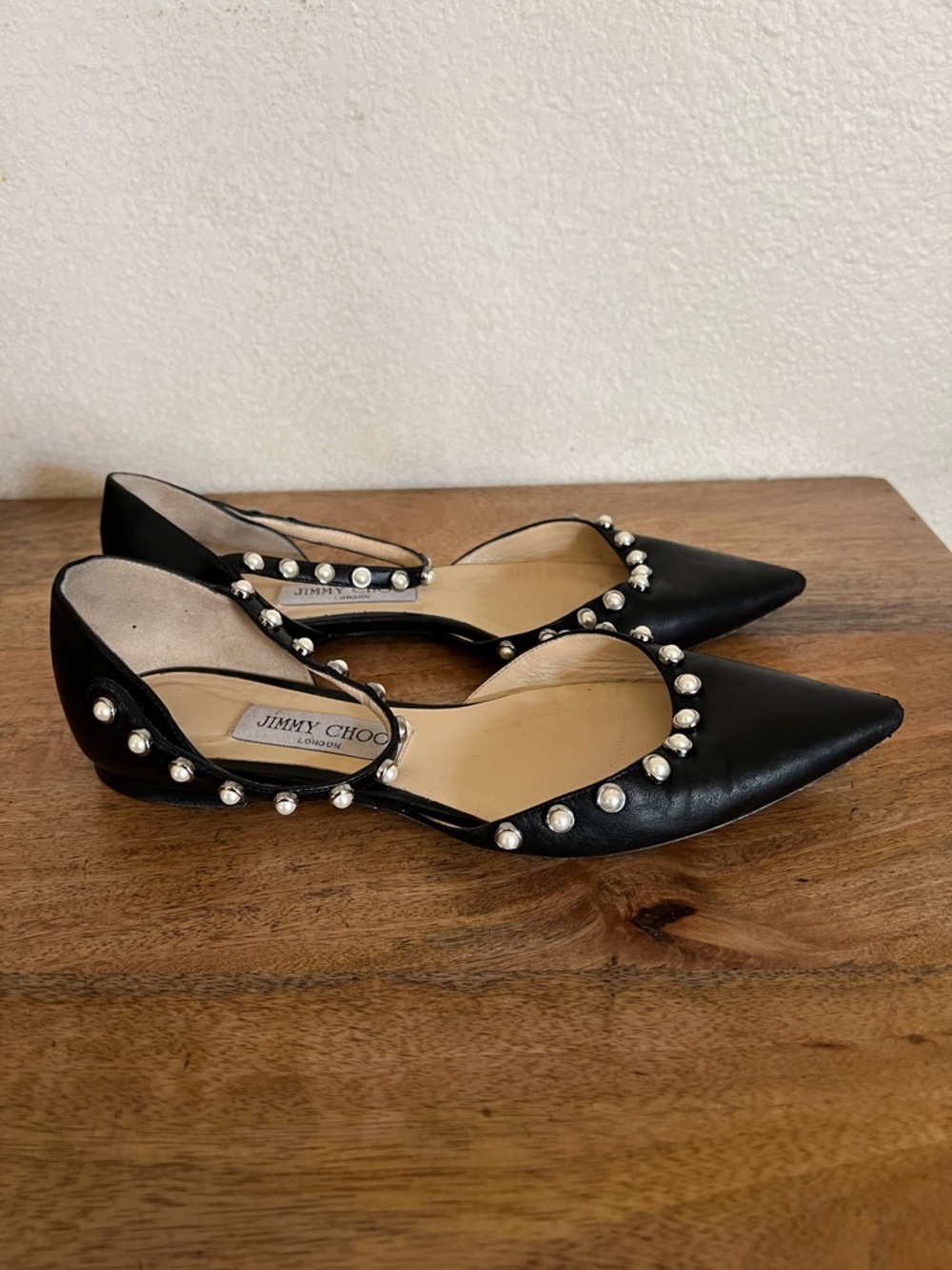 Jimmy Choo Leema Black Leather Pearl Embellished Ankle Strap Flats Size 37.5 - Picture 3 of 11